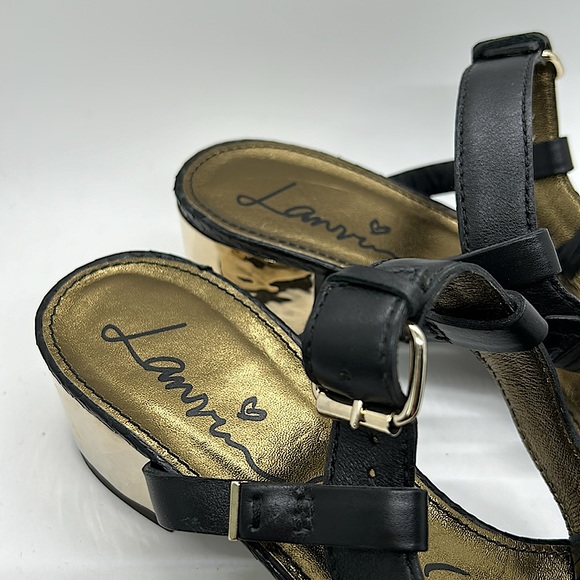 Lanvin Black Leather Gold Block Heel Sandals Shoes **Size 39/US Size 8** 🌺🌺 - Picture 3 of 9